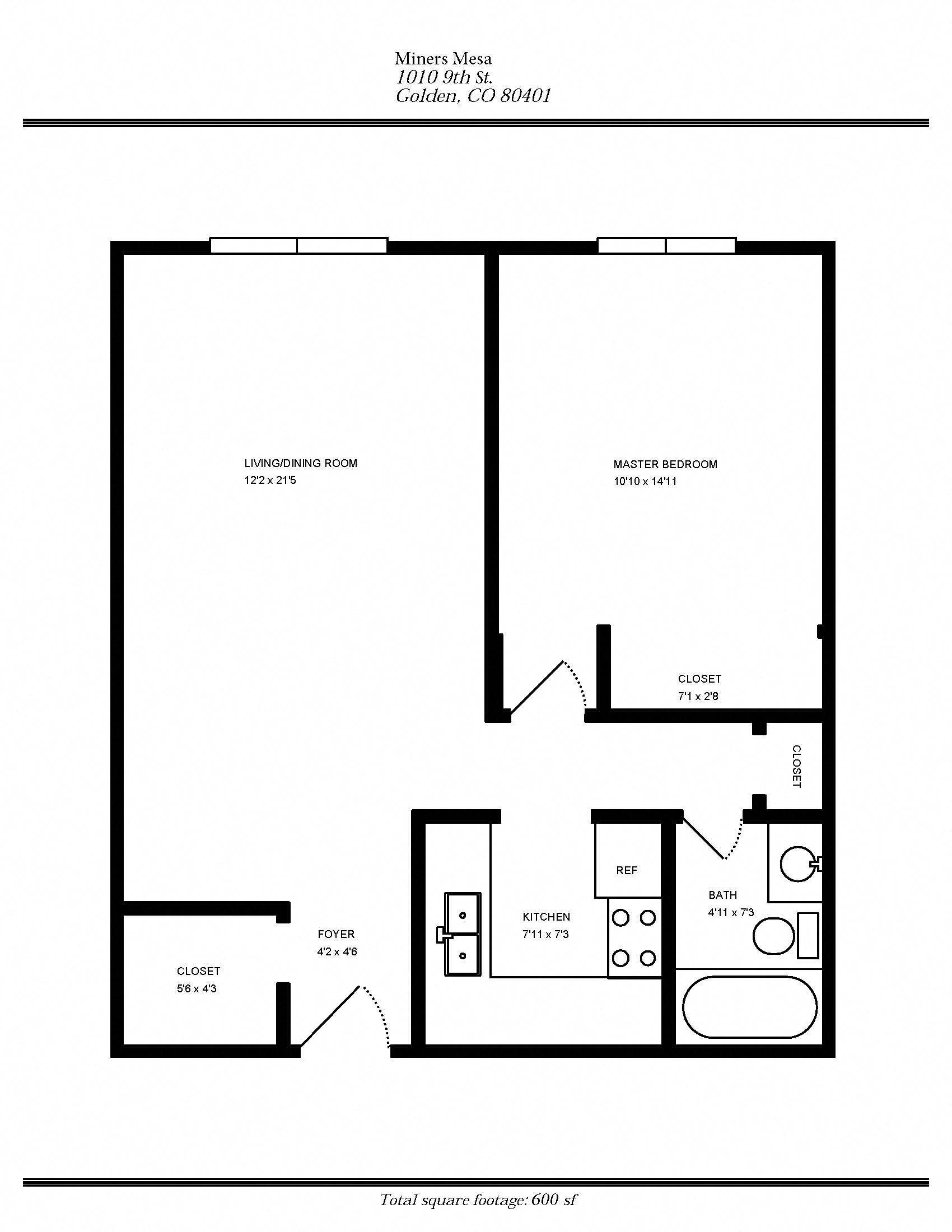 Floor plan for 1 bed, 1 bath, 600 sqft